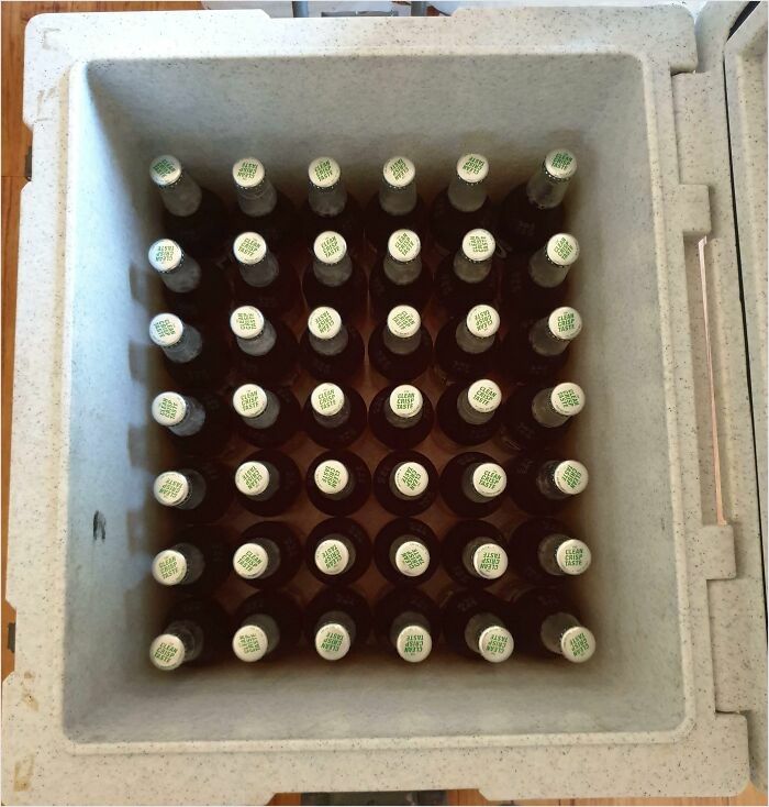 Bottles perfectly fit in a box, arranged neatly and satisfying to see.