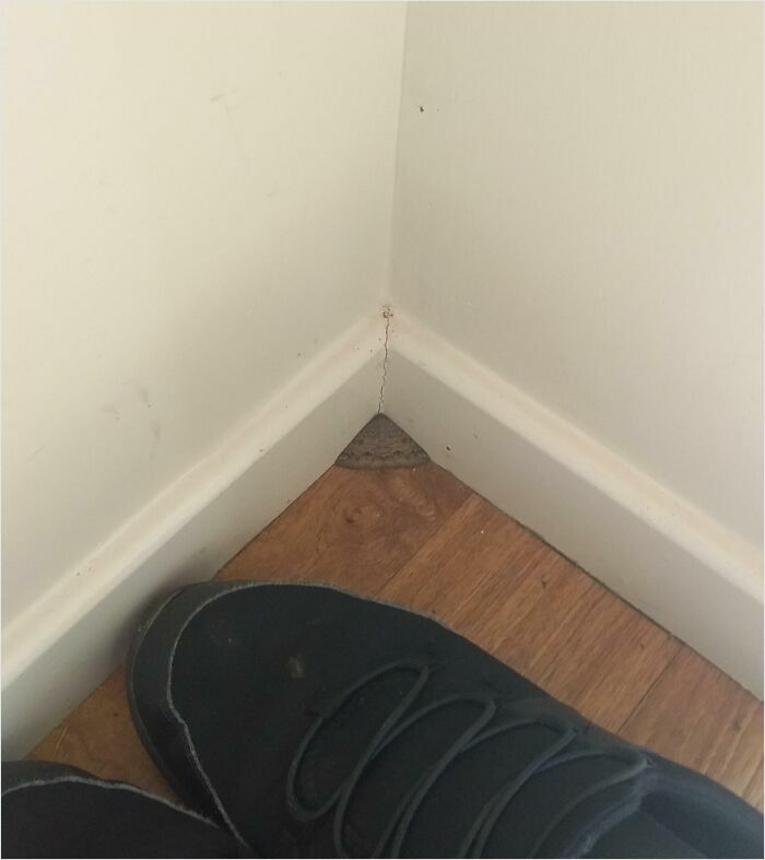 Black shoe fitting perfectly into a triangular corner on a wooden floor, creating a satisfying perfect fit.