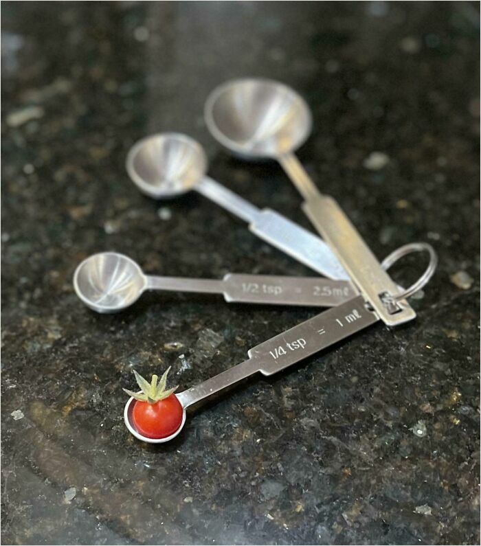 Perfect fit: Cherry tomato snugly fitting in a 1/4 tsp measuring spoon on a dark countertop.