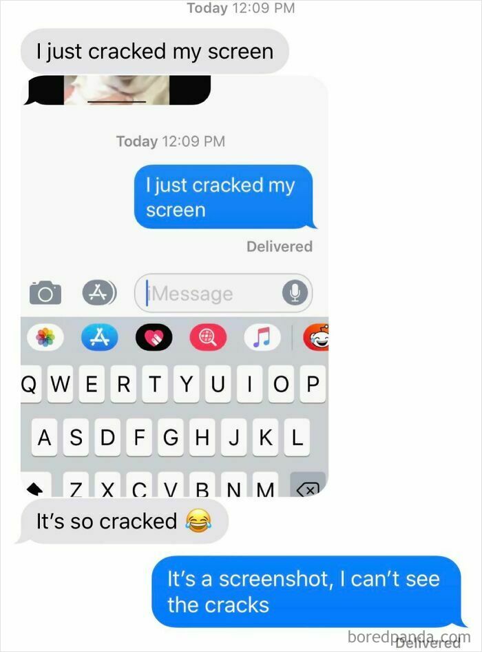 Text message joke about cracked screen; added to Best-Texts-Of-2024.