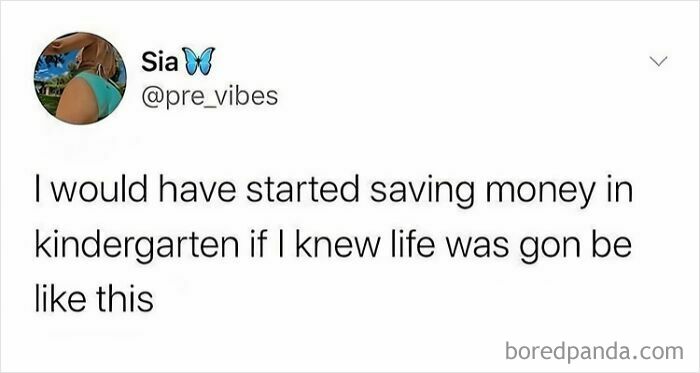 Tweet humor about saving money early in life.