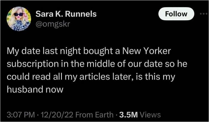 Tweet about a date buying a New Yorker subscription, highlighting humorous culture and relationship dynamics.