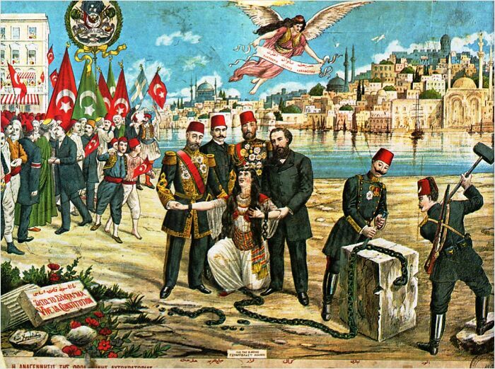 Historic Ottoman scene depicting significant influence on world events, with leaders and symbolic imagery by the waterfront.