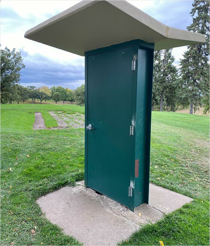 Green door in a field resembling a videogame portal, surrounded by grass and trees under a cloudy sky.