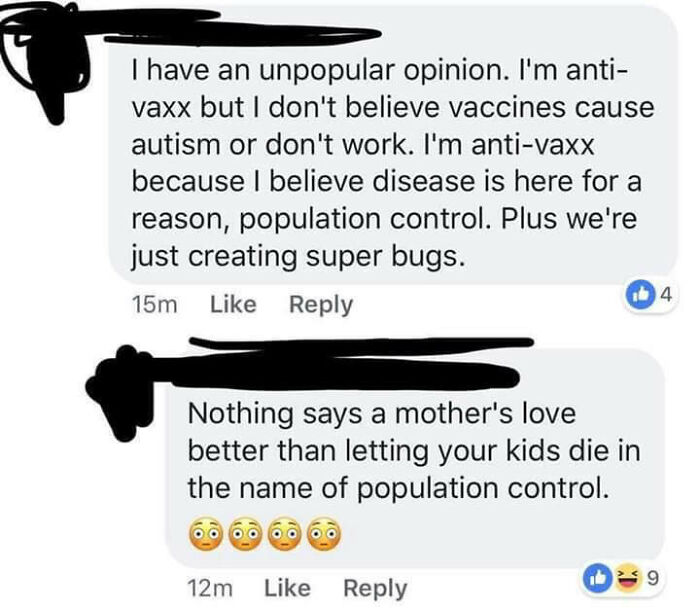 Screenshot of a social media exchange discussing anti-vaxx beliefs and population control, highlighting ignorant-parents views.