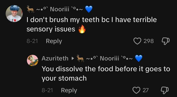 Two funny comments roasting people about brushing teeth and sensory issues.