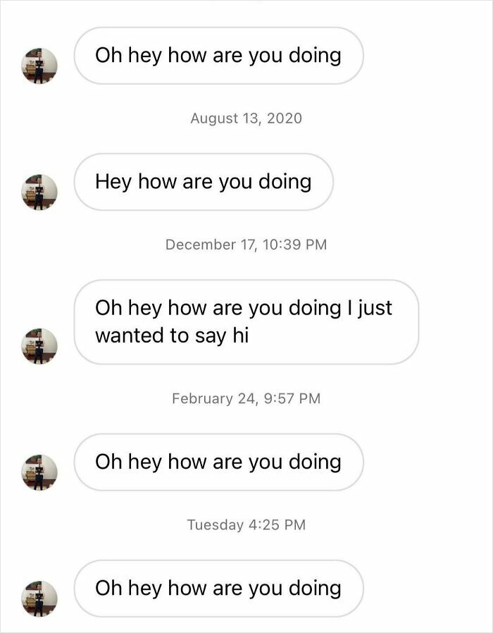 Repeated messages from a man approaching a woman on social media.