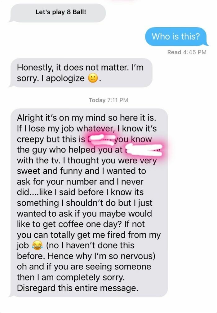 Text conversation example of men approaching women with an awkward apology and dating request.