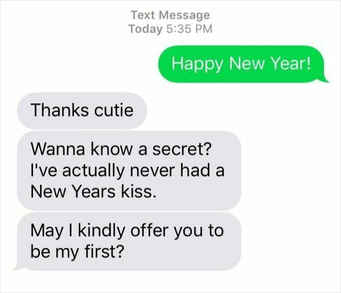 Text conversation with a man approaching a woman, requesting a New Year's kiss.