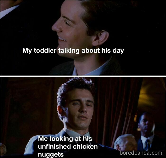 Two-panel meme about toddler's day and unfinished chicken nuggets, illustrating funny meme humor.