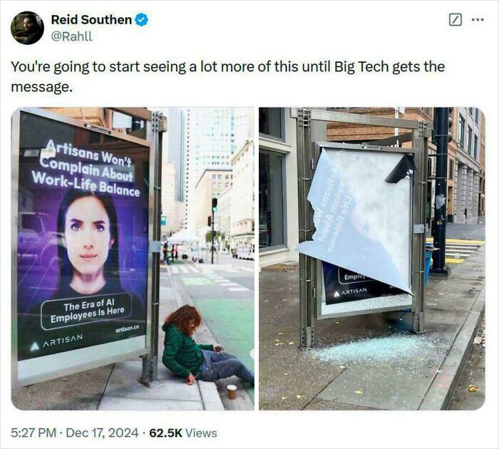 Bus stop ad promoting AI workforce vandalized, illustrating chaotic good methods challenging tech norms.