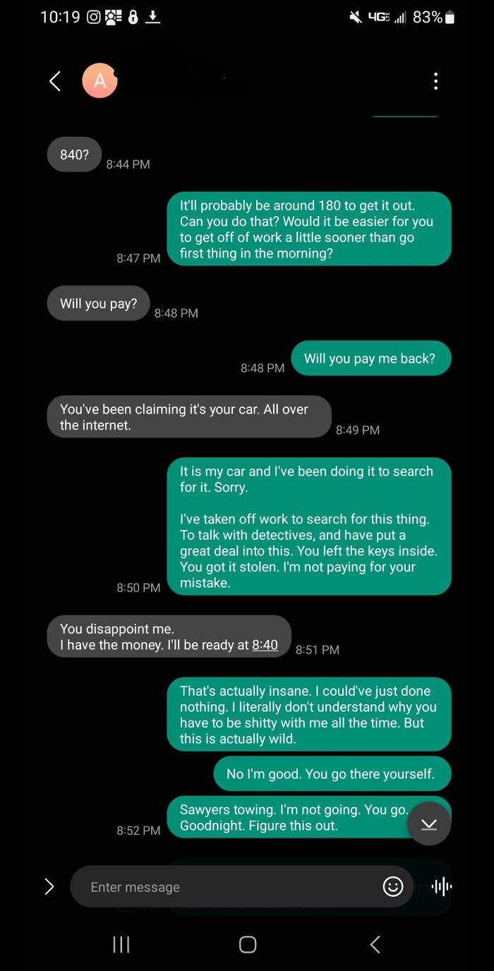 Text exchange between two people discussing car retrieval and payment responsibilities.