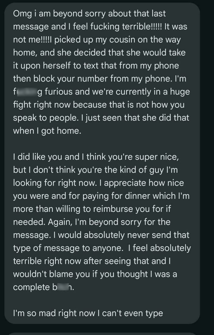 Apology text message from a woman explaining and apologizing for a previous message sent.