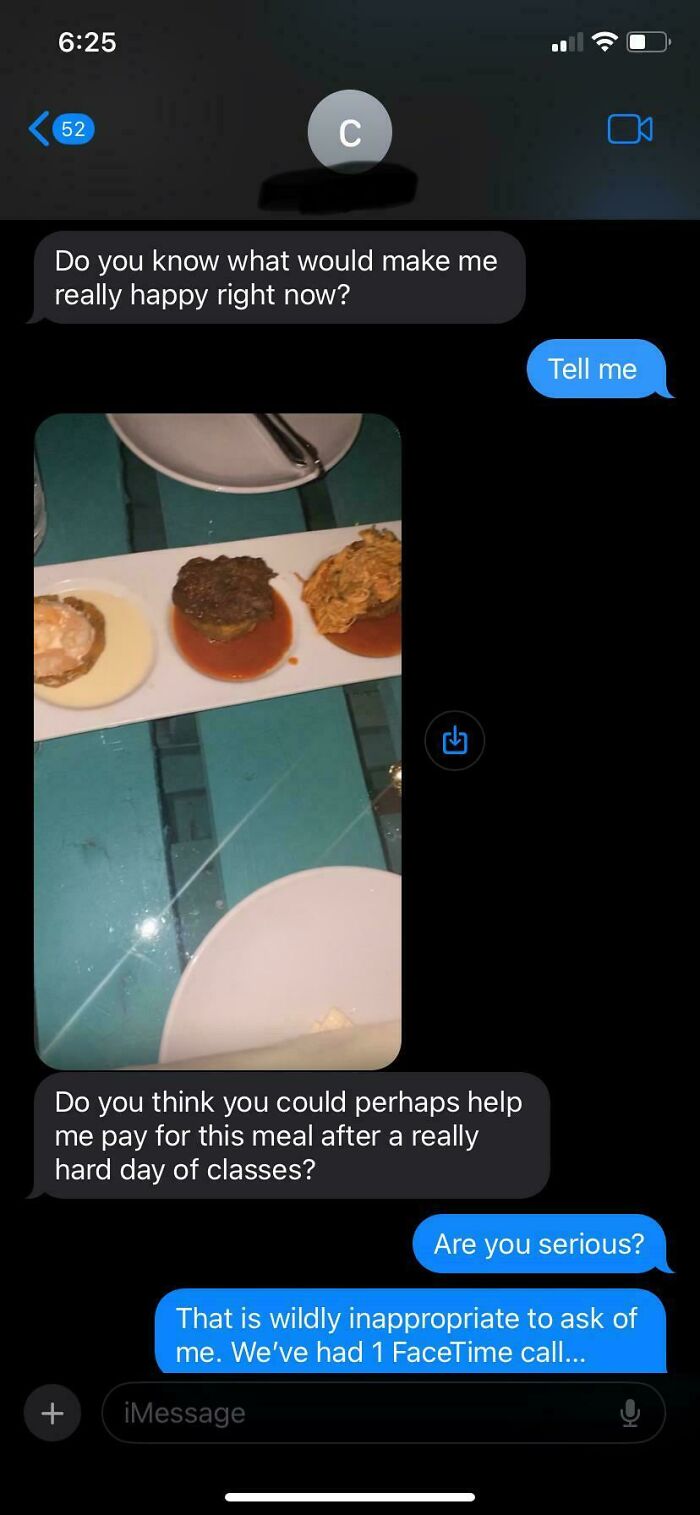 Delulu women text exchange about an inappropriate request to pay for a meal after one FaceTime call.