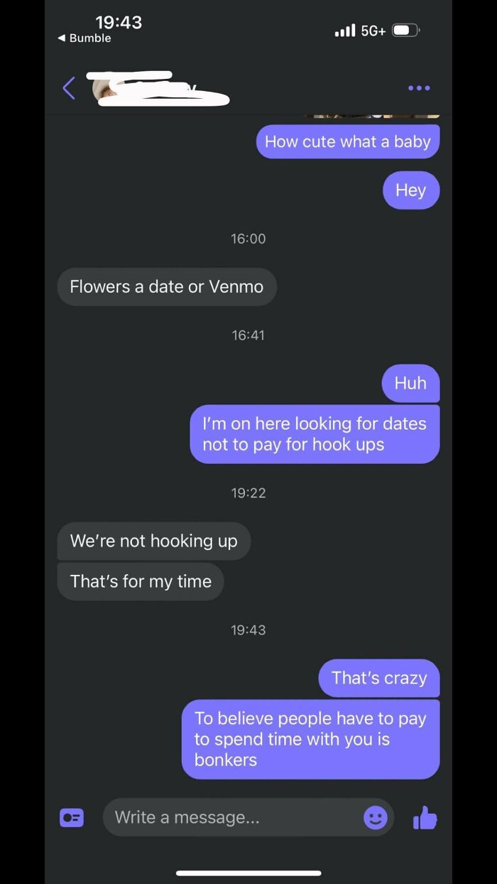 Chat exchange showing delusional expectations in a dating app conversation.