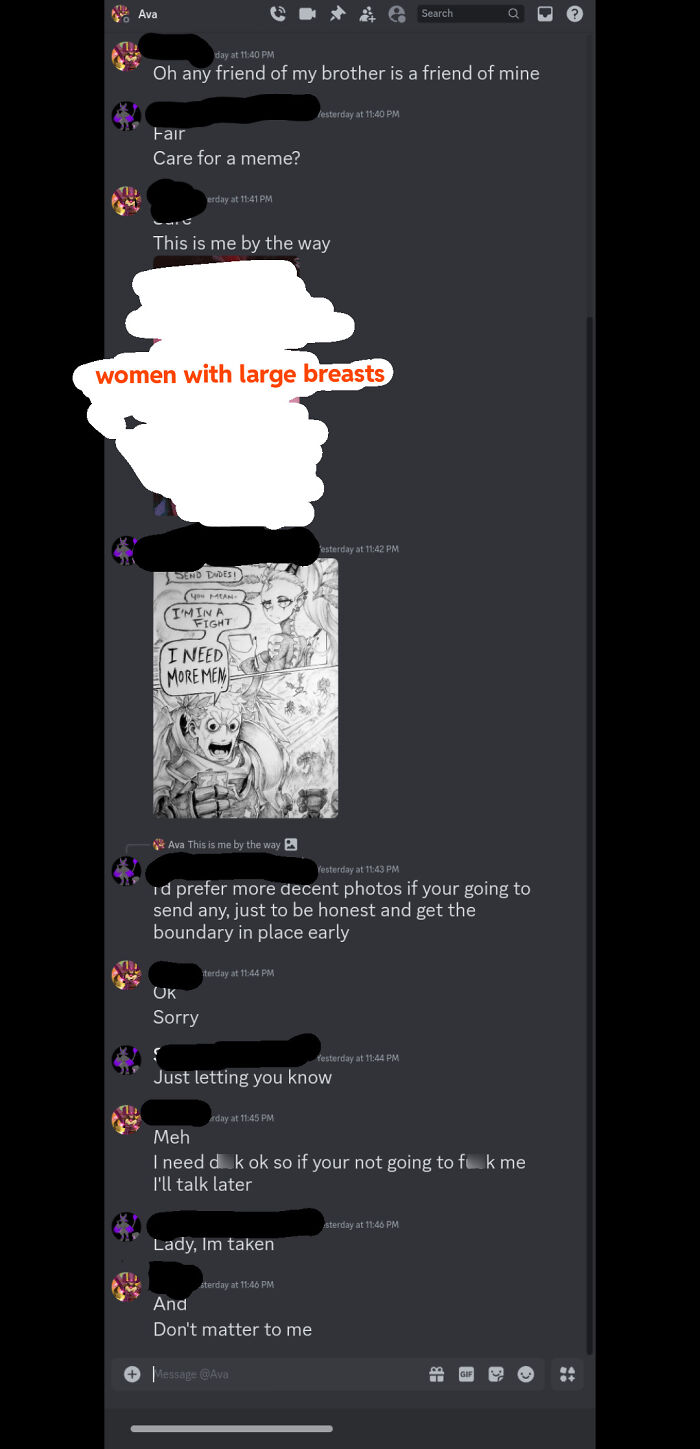 Screenshot of a chat discussing women with large breasts, including a cartoon image and text exchange.