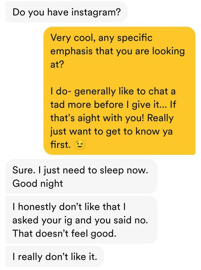 Text conversation highlighting a request for Instagram and a discussion about personal boundaries.