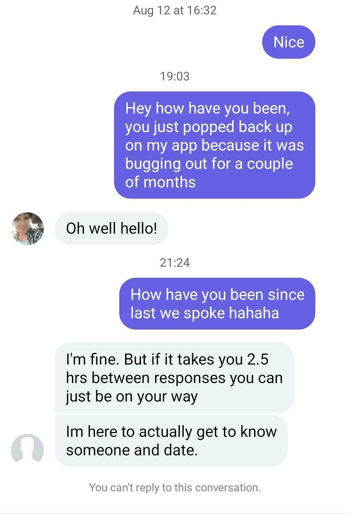 Text conversation showing a woman expressing frustration over delayed replies.