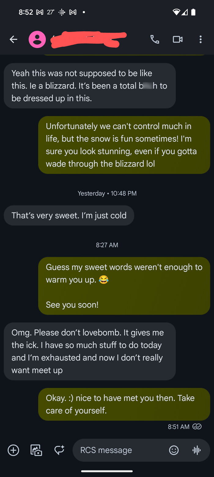 Text exchange showcasing delulu women needing a reality check, discussing snow and relationship boundaries.