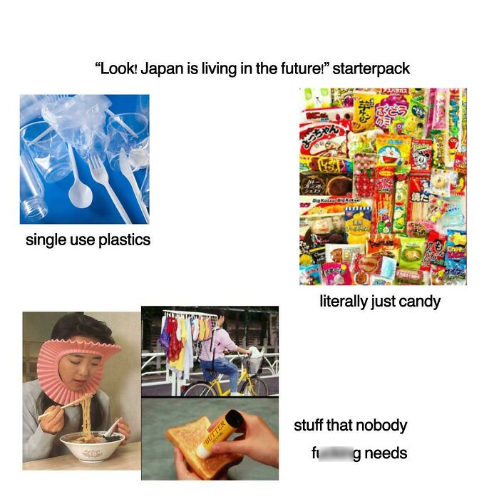 Humorous starter pack featuring single-use plastics, Japanese candy, and quirky gadgets.