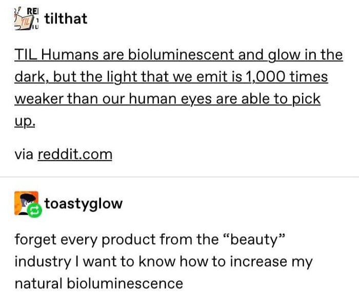 Bizarre sentence about human bioluminescence and beauty products in a humorous online exchange.