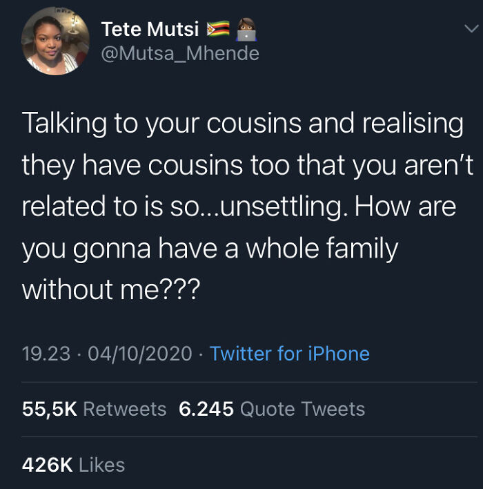 Tweet featuring hilariously bizarre brand new sentences about cousins and unexpected family realizations.