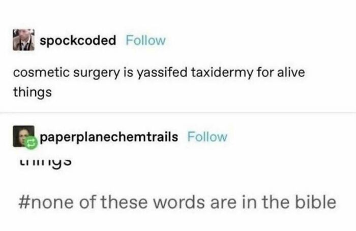 Text exchange humorously suggesting cosmetic surgery is "yassified taxidermy." Hashtag punchline follows.