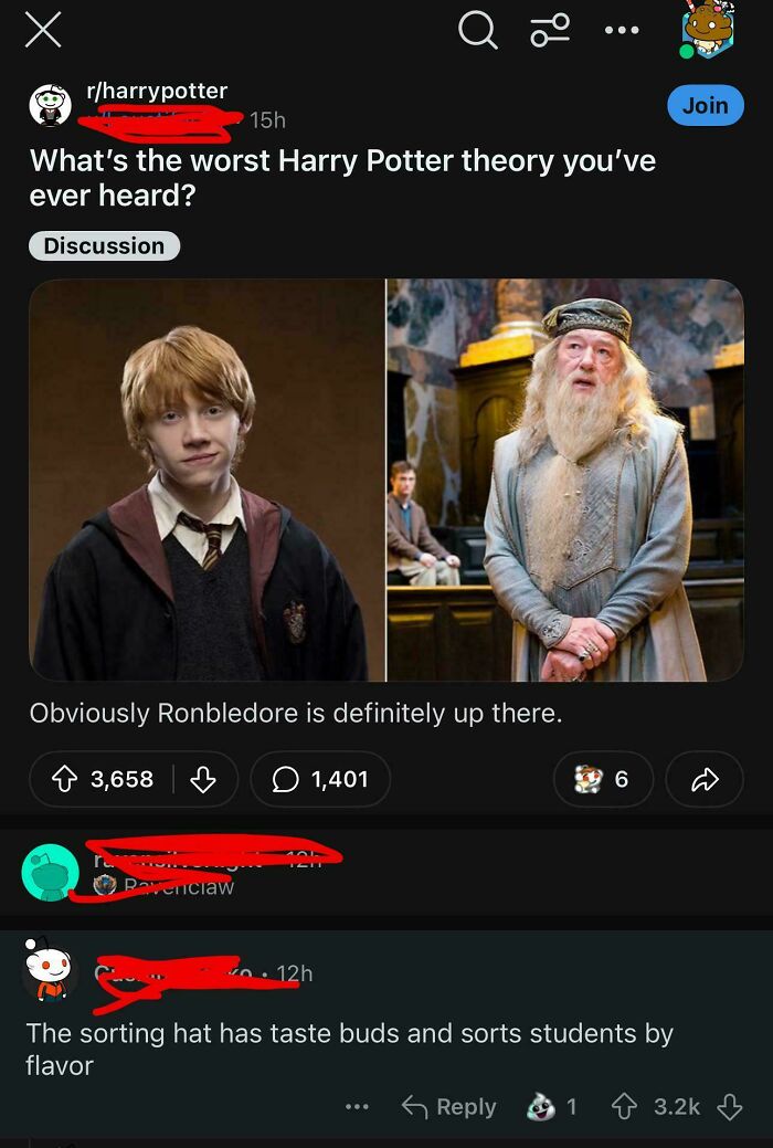 Hilariously bizarre Reddit post discussing funny Harry Potter theories with characters side by side.