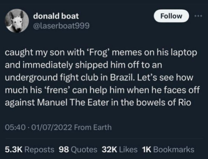 Screenshot of a tweet featuring a bizarre and humorous scenario involving frog memes and a fictional fight club.