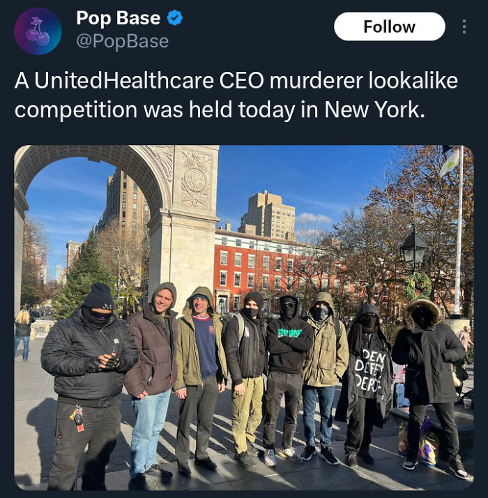 Group of people in New York City, part of a humorous "brand new sentences" meme about a CEO lookalike competition.