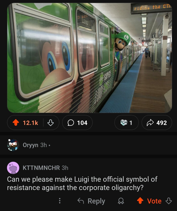 Luigi peeks out of a train with character graphics; text calls for him as a resistance symbol. Bizarre brand new sentences humor.