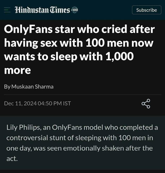 Hilariously bizarre headline about an OnlyFans model's controversial stunt involving 100 men.