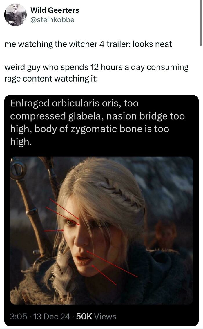 Hilariously bizarre new sentences about the Witcher 4 trailer with character analysis.