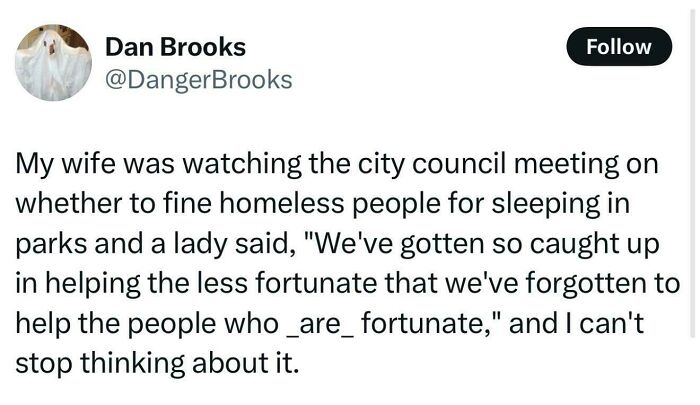 A tweet shares a bizarre brand new sentence about helping fortunate people, highlighting humorous irony.