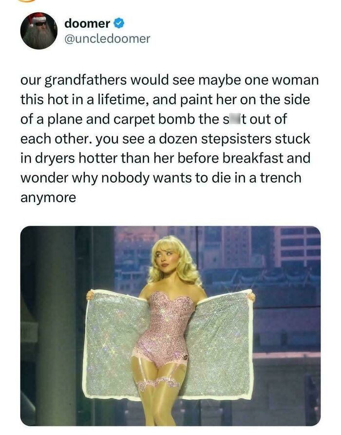 Tweet humorously comparing past and present beauty standards with a woman in a sparkly outfit.