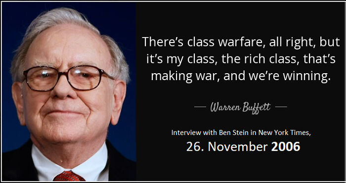 Warren Buffett quote on class warfare, reflecting boring dystopia themes.