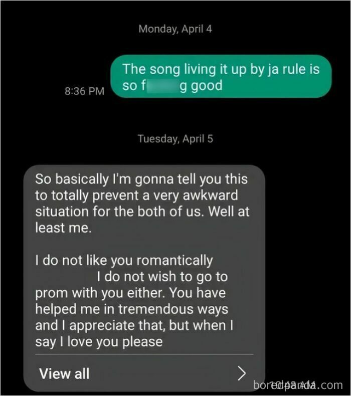 Text conversation with a humorous rejection for prom, highlighted in green and gray, showcasing one of the best-texts-of-2024.