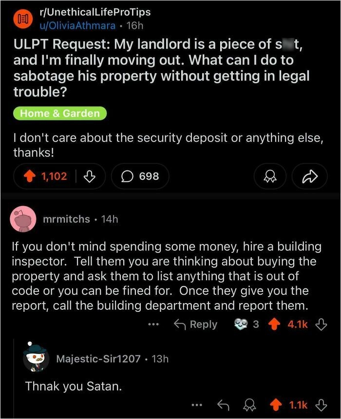 Chaotic good example of a Reddit user planning witty real estate revenge with unconventional advice.