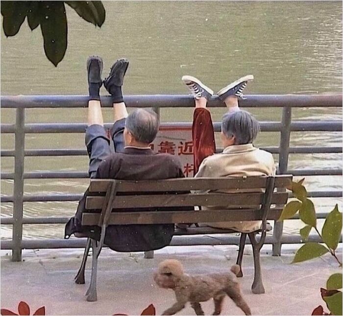 Two people sitting on a bench by a pond with their legs up, resembling a quirky album cover photo.