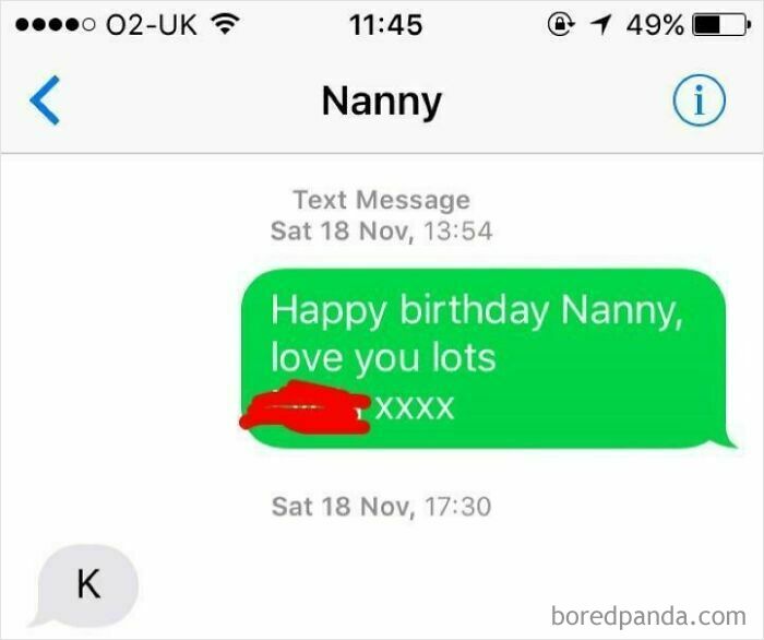 Text exchange showing "Happy birthday Nanny, love you lots" and a response "K" for Best-Texts-Of-2024.