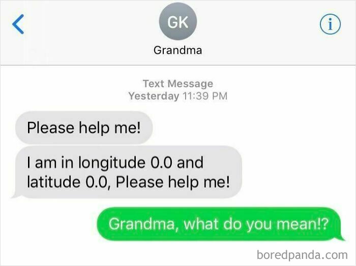 Text exchange with grandma, humorously claiming to be at longitude 0.0, latitude 0.0.