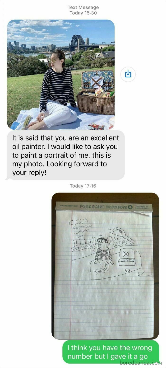 Text exchange with a drawing attempt, featuring a woman at a picnic in a scenic location, highlighting Best-Texts-Of-2024.