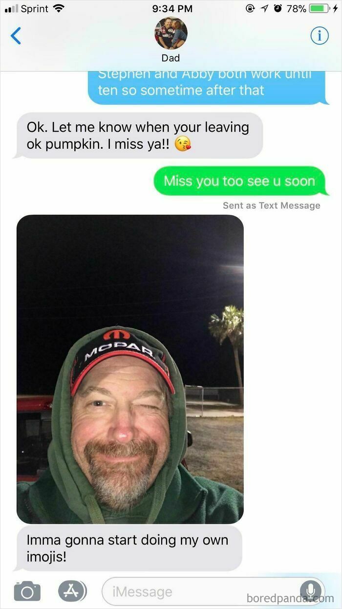 Dad sends funny selfie text with custom emoji expression in best texts of 2024.