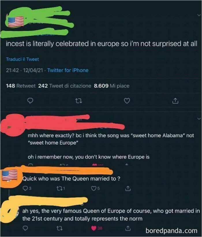 Screenshot of Americans misunderstanding Europe, with humorous Twitter replies showcasing peak ignorance.