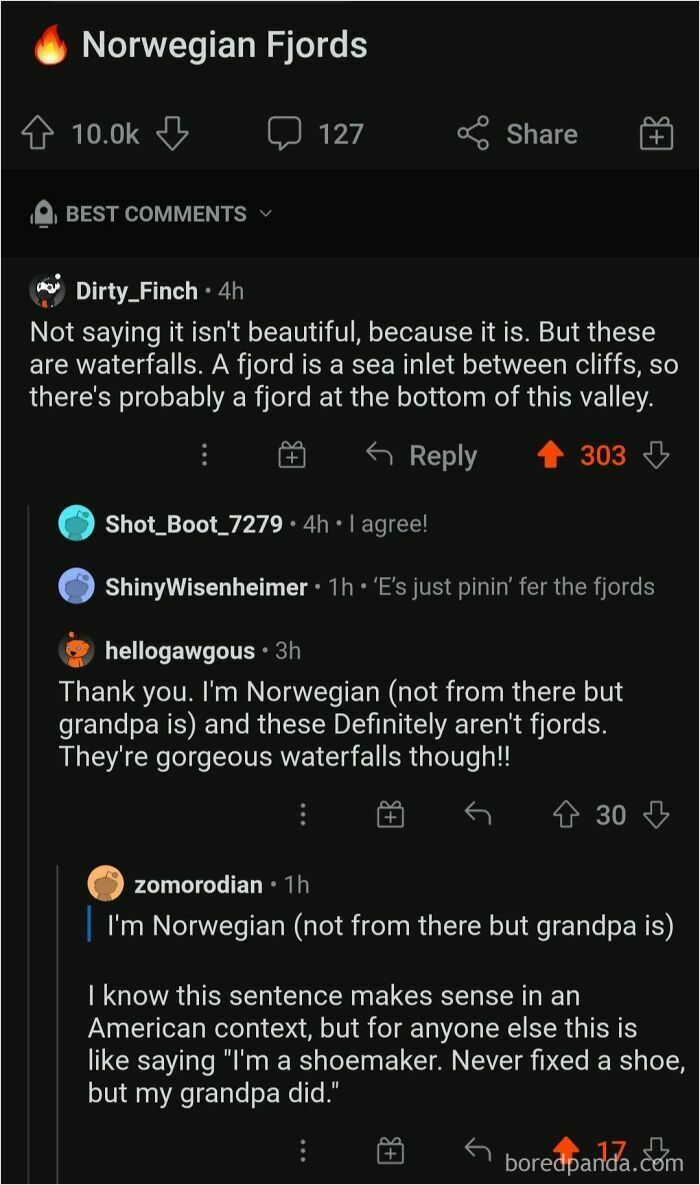 Screenshot of comments humorously discussing American misconceptions about fjords.