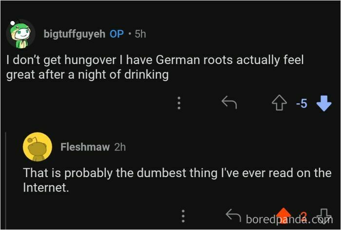 Screenshot of a comment chain highlighting comical ignorance about drinking and heritage.