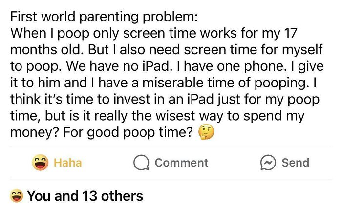 Social media post humorously discussing screen time issues faced by parents while using the bathroom.