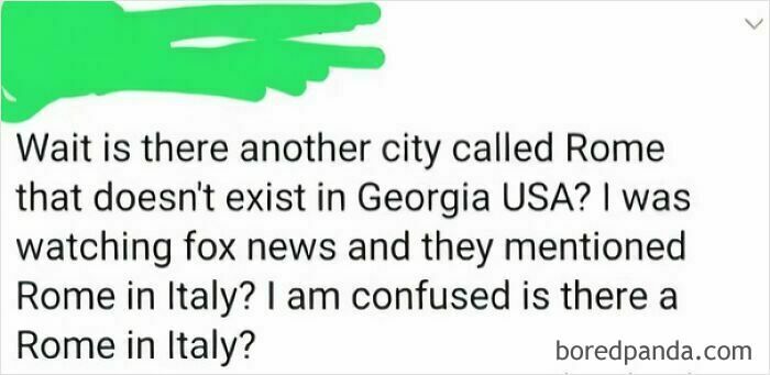 Confused message about Rome in Italy vs. Rome, Georgia, highlighting misunderstanding of geography.