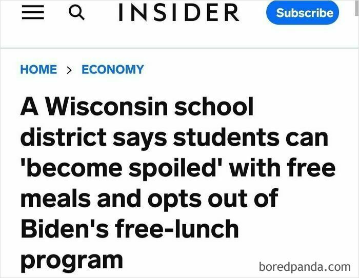 Screenshot showing a Wisconsin school's decision against free-lunch program, citing concerns of students becoming spoiled.