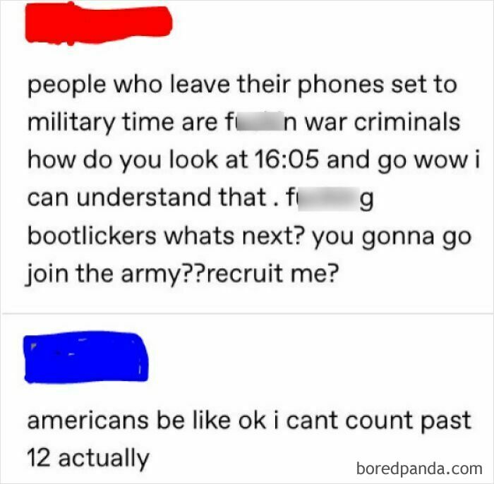 Screenshot of humorous comments about Americans struggling with military time.